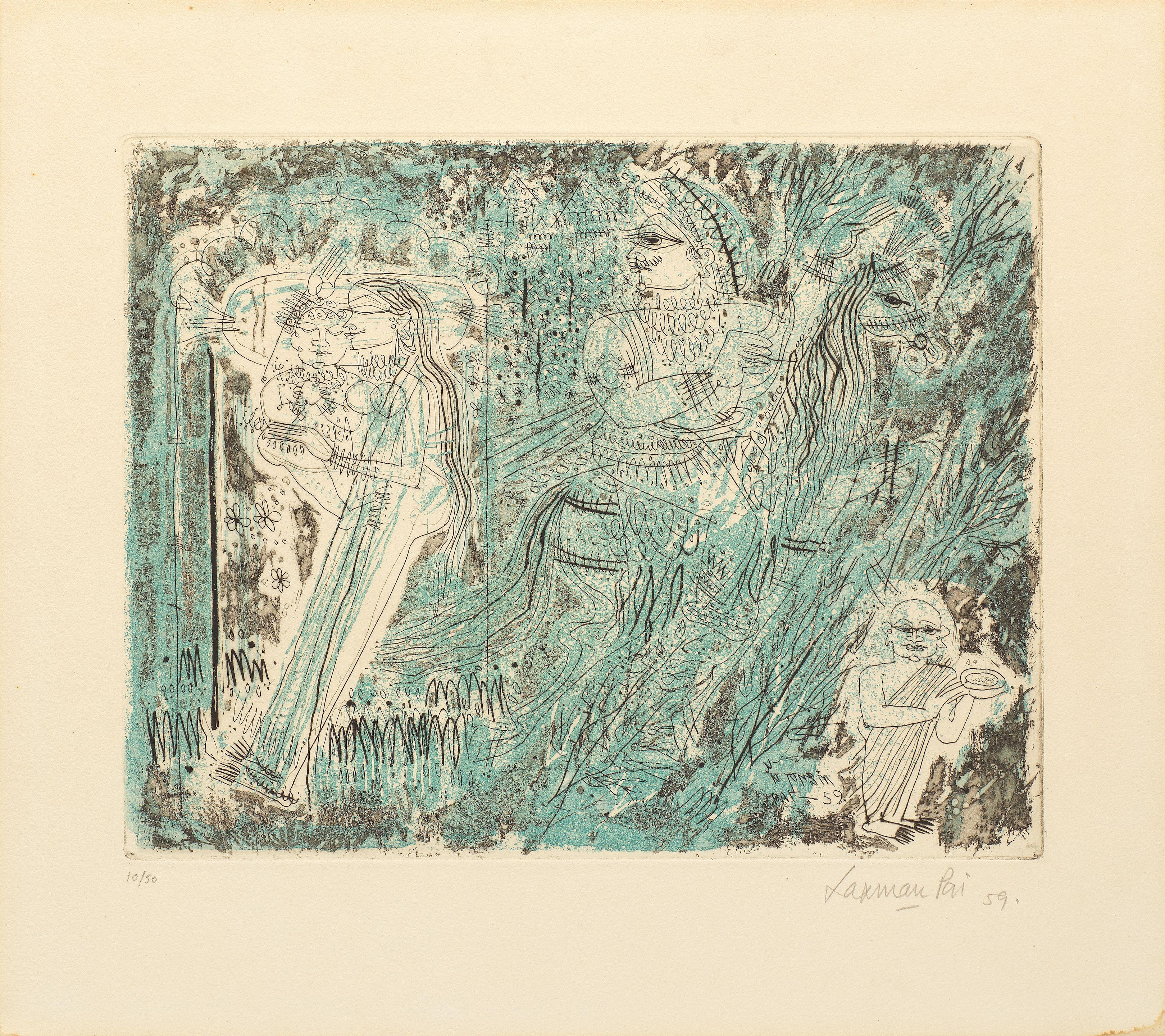 Laxman Pai - Untitled (Goa Mythology Narrative Blue Lovers)