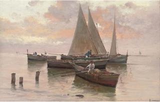 Lazzaro Pasini - Fishermen in the Bay of Naples, dusk