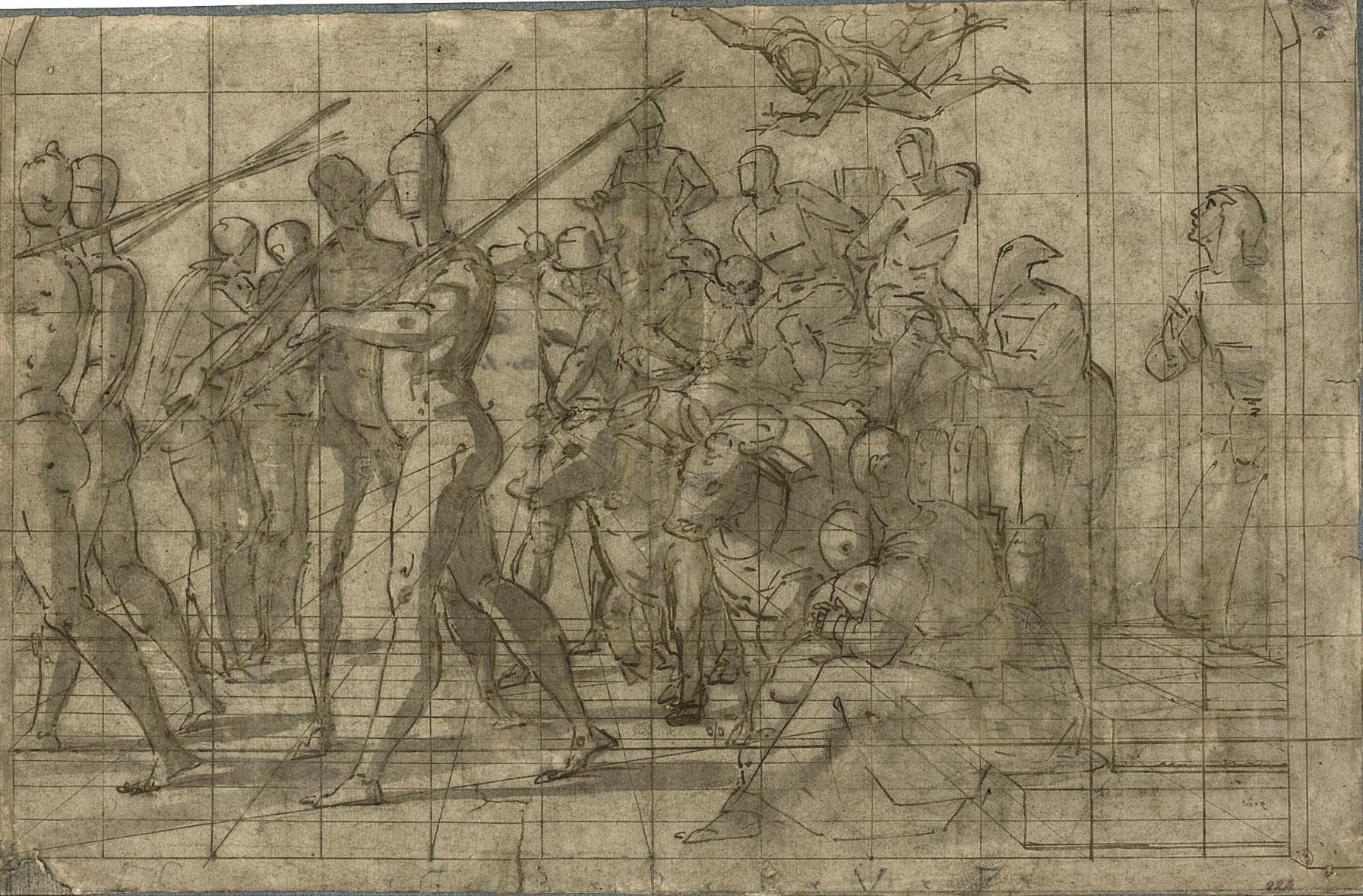 Lazzaro Tavarone - A triumphal procession, with soldiers followed by bound captives on a cart pulled by oxen, perhaps a Triumph of Faith