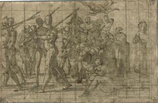 Lazzaro Tavarone - A triumphal procession, with soldiers followed by bound captives on a cart pulled by oxen, perhaps a Triumph of Faith