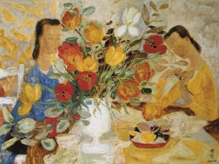 Le Pho - Jeune filles au bouquet de tulips (Young girls with a vase of tulips)