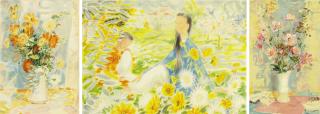 Le Pho - Jeunes Filles au Jardin; Fleurs Roses au Vase Chinois; & Fleurs Jaunes au Vase Chinois (Young Girls in a Garden; Pink Flowers in Chinese Vase; & Yellow Flowers in Chinese Vase)