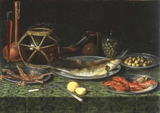 Le Pseudo Van Kessel - Plats en métal contenant des poissons, des ecrevisses, des olives, deux citrons et autres objets sur une table drapée