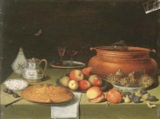 Le Pseudo Van Kessel - Porcelaine, verres, un chaudron, des fruits et autres objets sur une table drapée