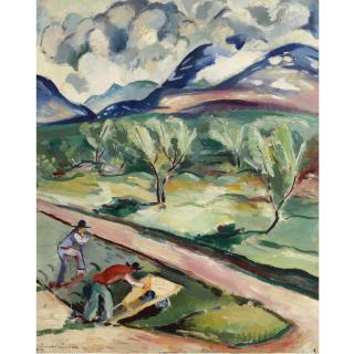 Leander Engström - Swedish trädgårdsmästare Vid Fruktodling (Orchard With Workers And Mountains)