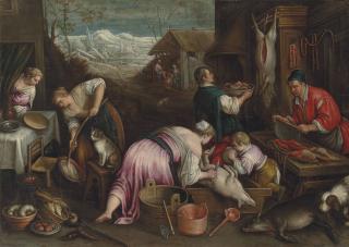 Leandro Bassano - December: A village in winter with figures slaughtering a pig, others by a fire in a cottage, with snow-covered mountains in the distance