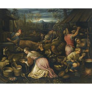 Leandro Da Ponte - Spring - A Village Scene With Peasants Milking Goats And Baking Bread