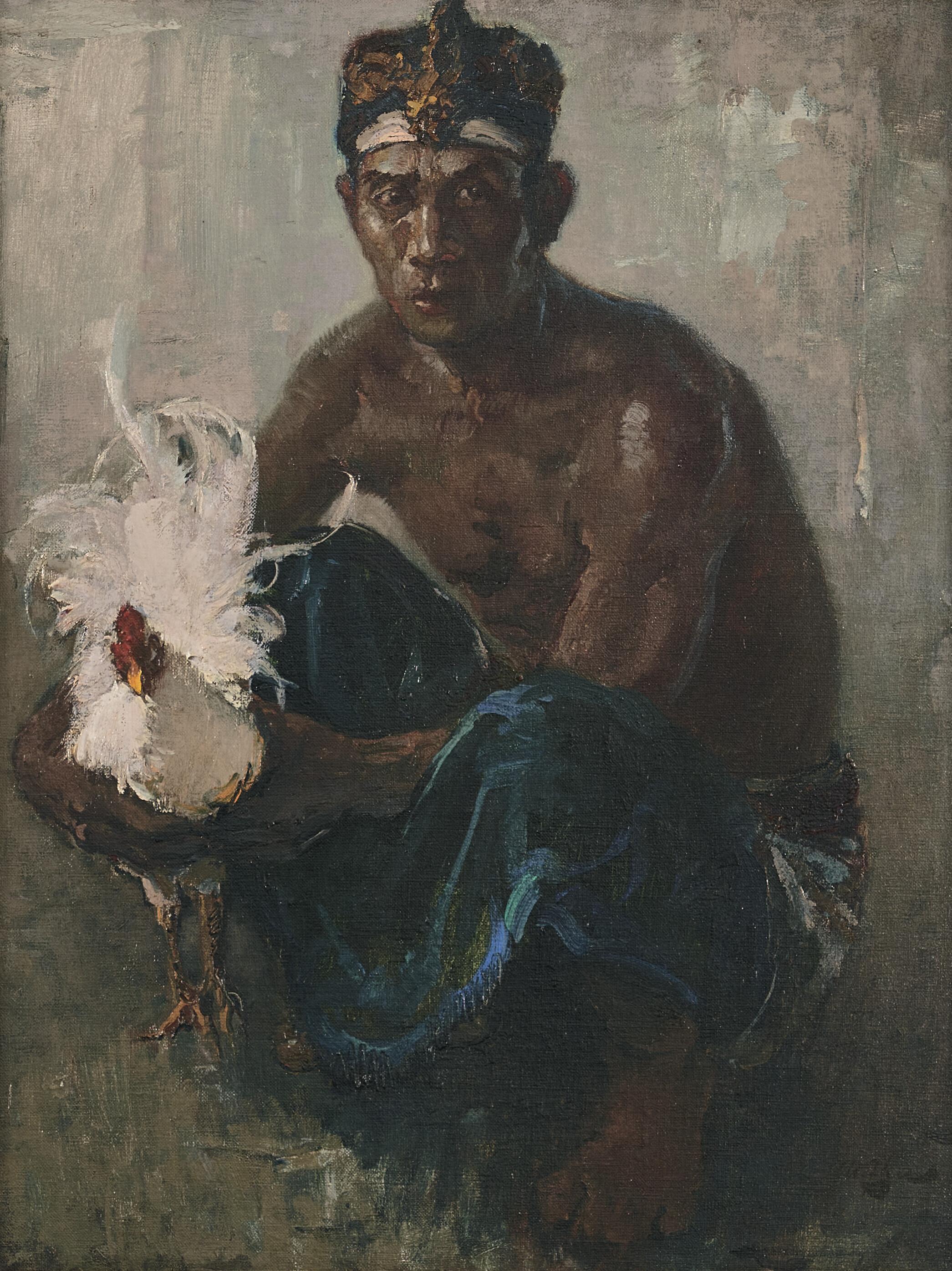 Lee Man Fong - Balinese Man with Fighting Cockerel