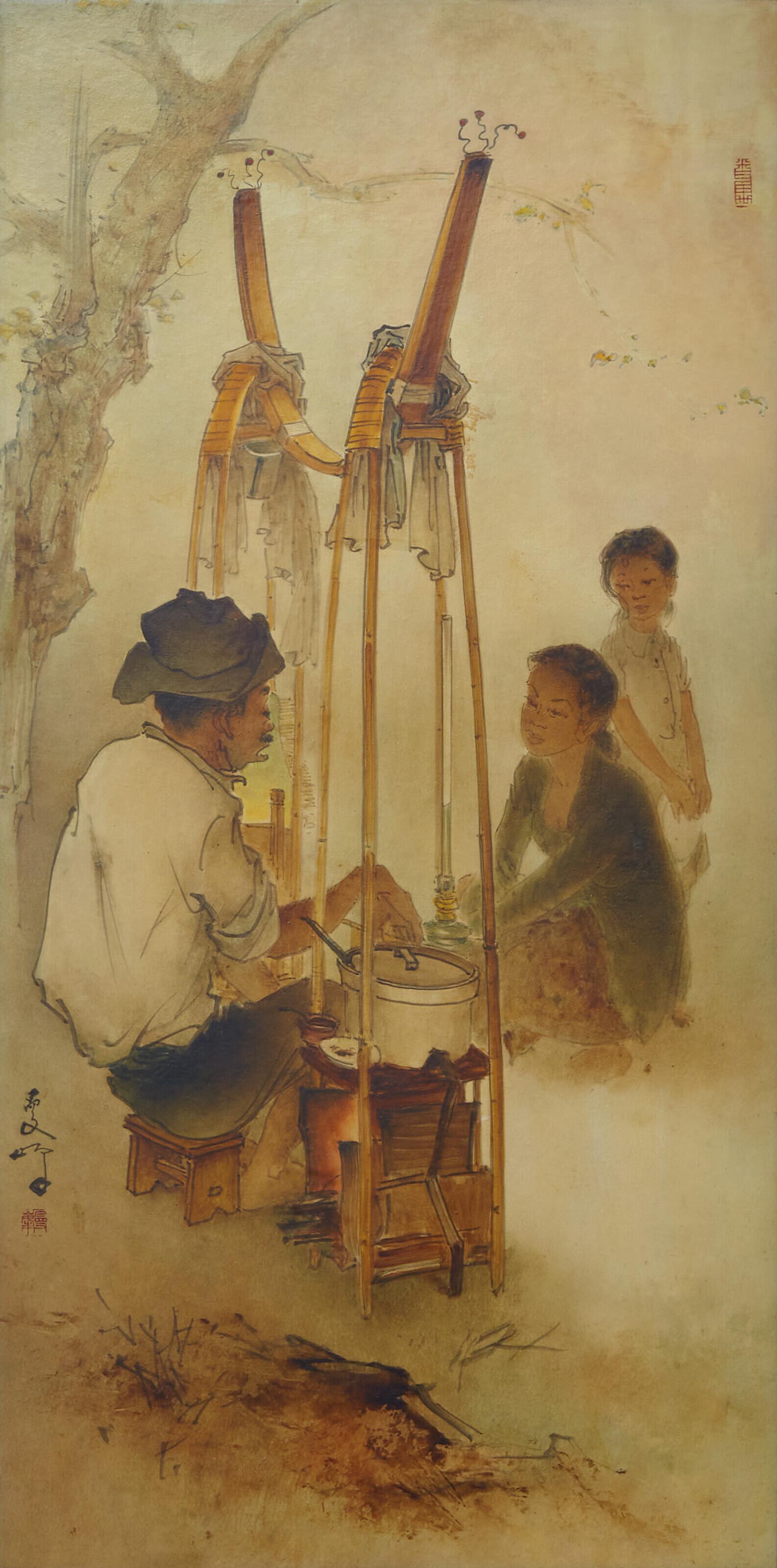 Lee Man Fong - Tukang Sate dengan Dua Anak Perempuan (Satay Vendor with Girls)