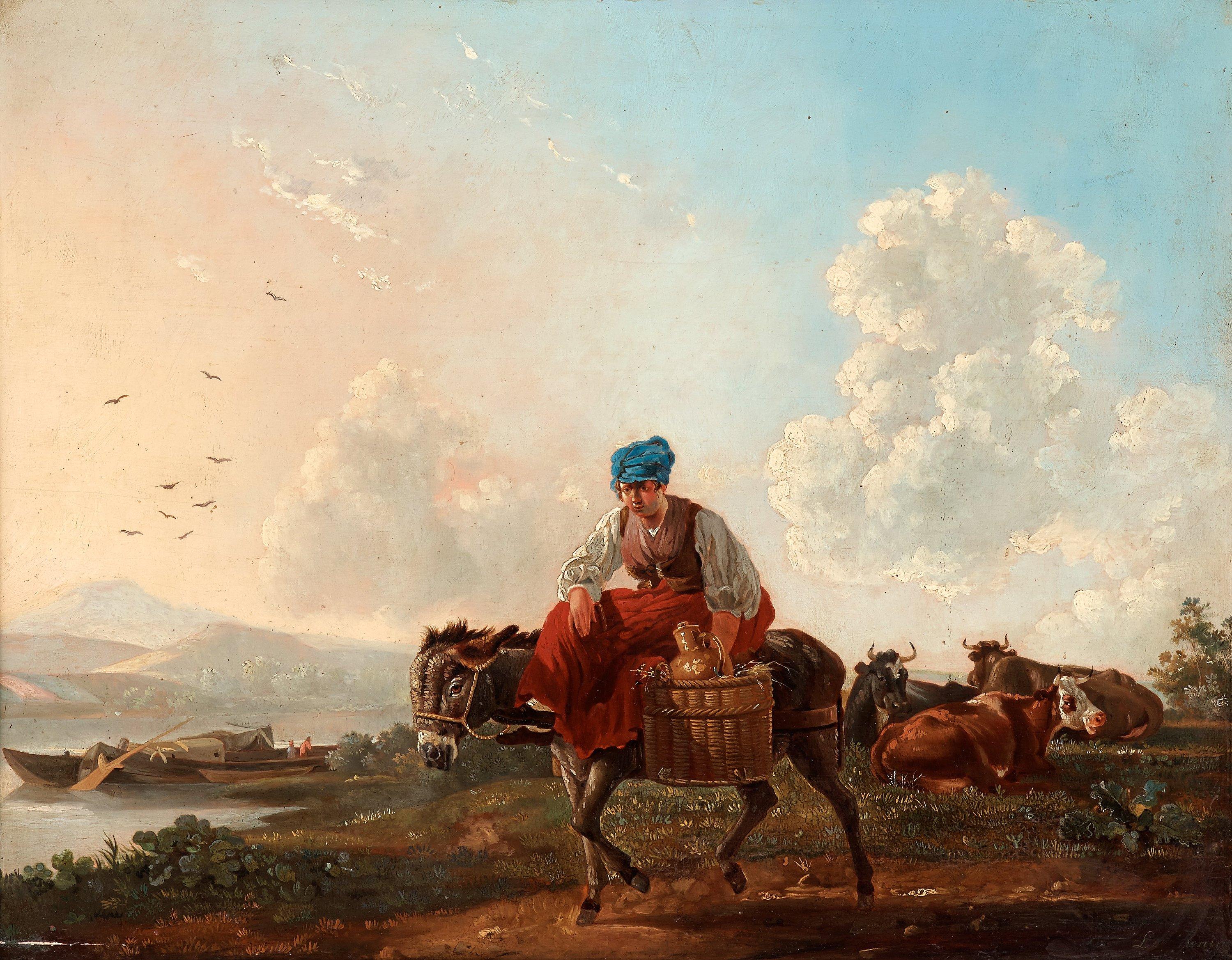 Leendert de Koningh - Pastoralt landskap med ridande kvinna