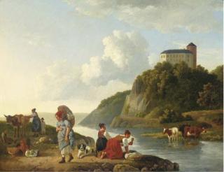 Leendert De Koningh - Washer women at a riverbank, a castle beyond