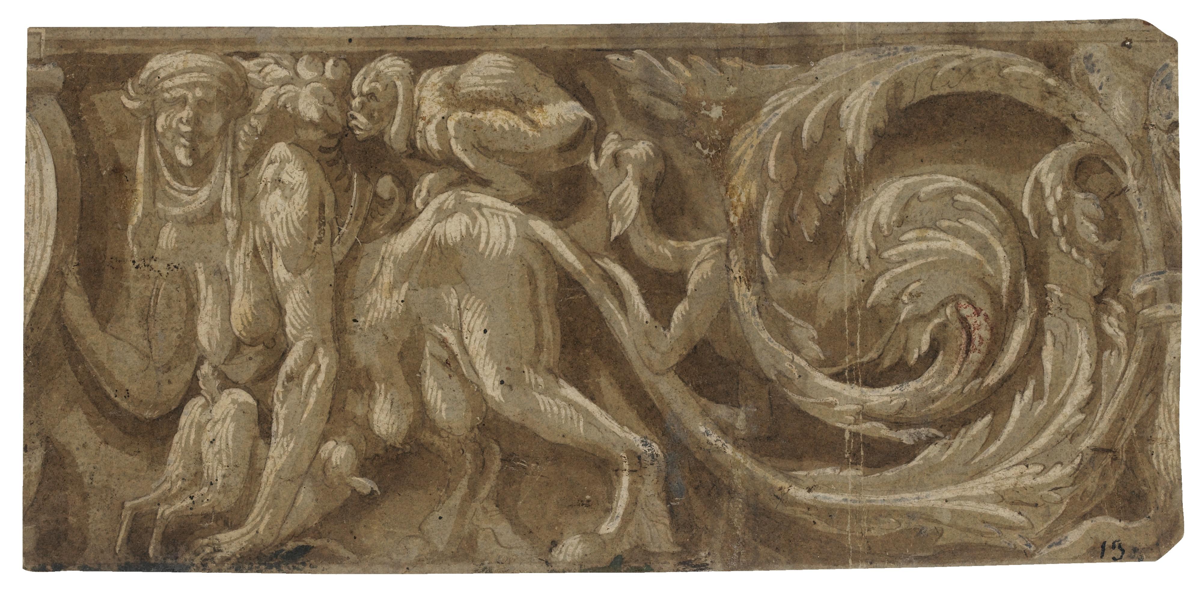 Lelio Orsi - A Design For A Section Of A Frieze With Fantastic Animals And Acanthus Leaves
