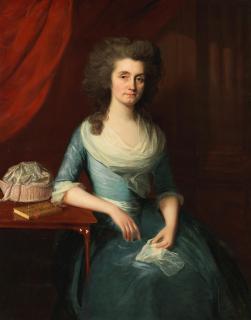Lemuel Francis Abbott - Portrait of a lady, traditionally identified as Elizabeth, wife of Bishop Andrew Downe, three-quarter-length, seated in a blue dress