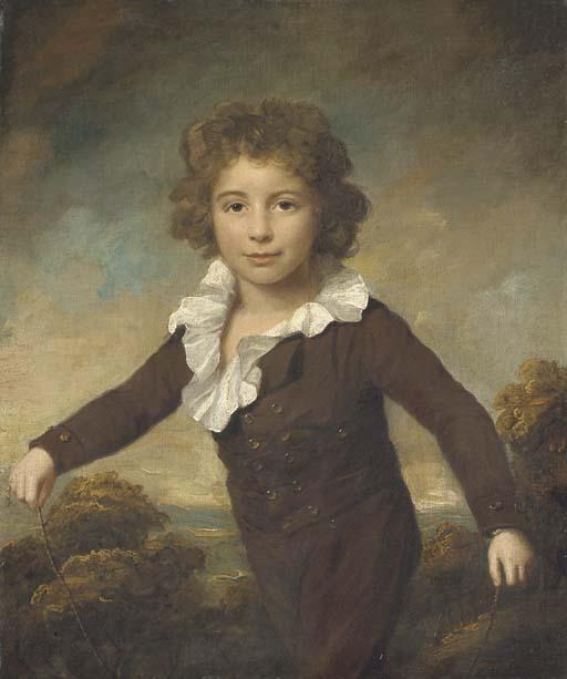 Lemuel Francis Abbott - Portrait of a young boy, three-quarter length, in a brown coat and breeches, holding a skipping rope, in a wooded landscape