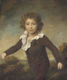 Lemuel Francis Abbott - Portrait of a young boy, three-quarter length, in a brown coat and breeches, holding a skipping rope, in a wooded landscape