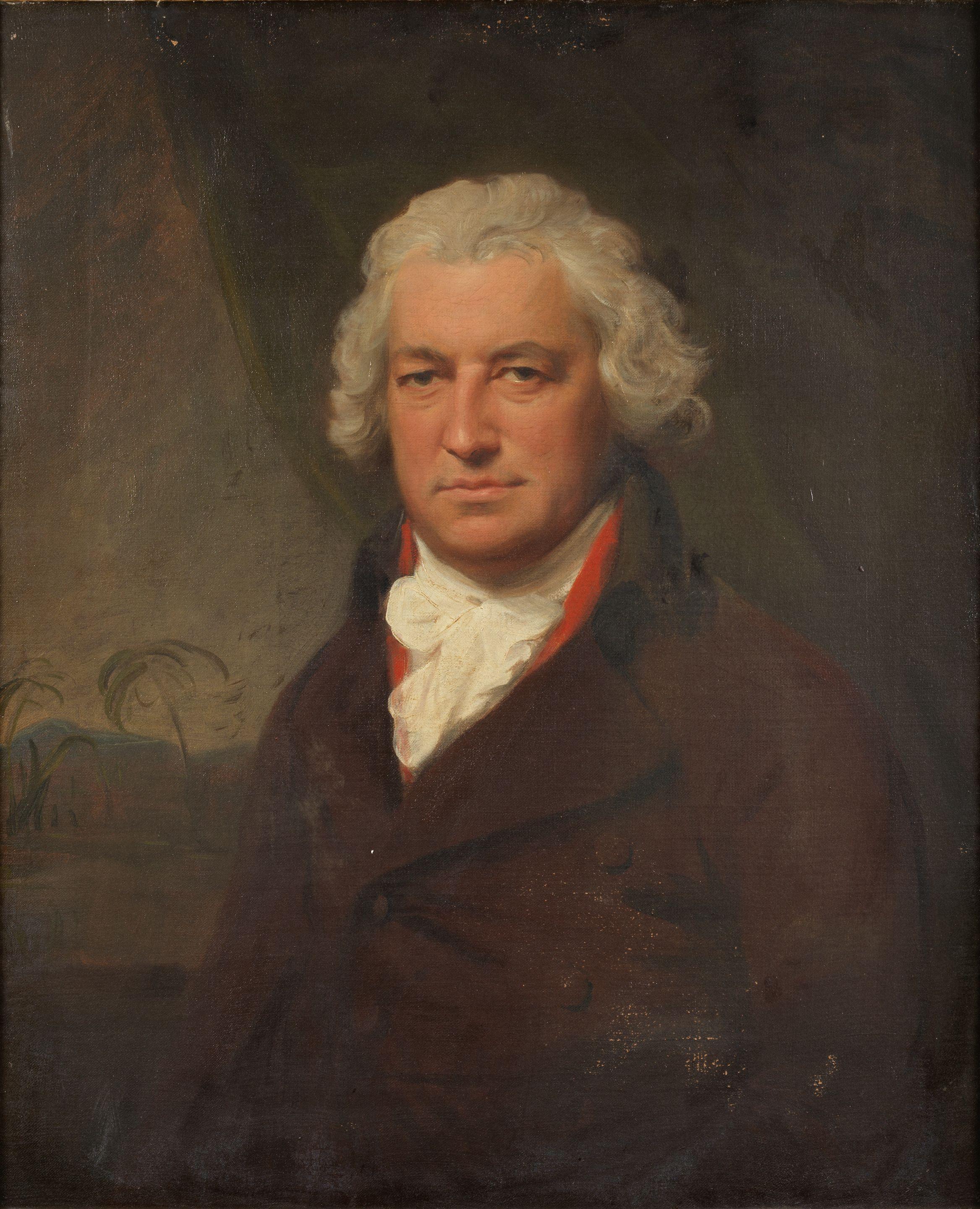 Lemuel Francis Abbott - Portrait Of Bryan Edwards, Half-Length, In A Brown Coat, Seated Before A Green Curtain, A View To A Caribbean Landscape Beyond