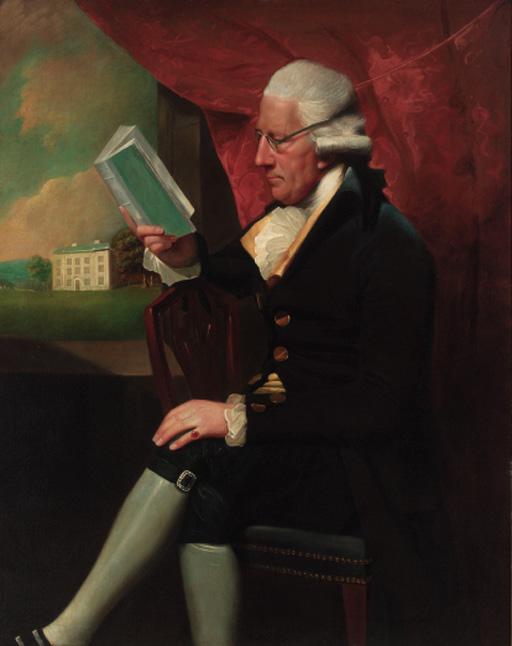 Lemuel Francis Abbott - Portrait of Edward Cotsford, seated three-quarter-length, in a dark brown jacket and breeches, holding a book by a window, a view to a country house beyond