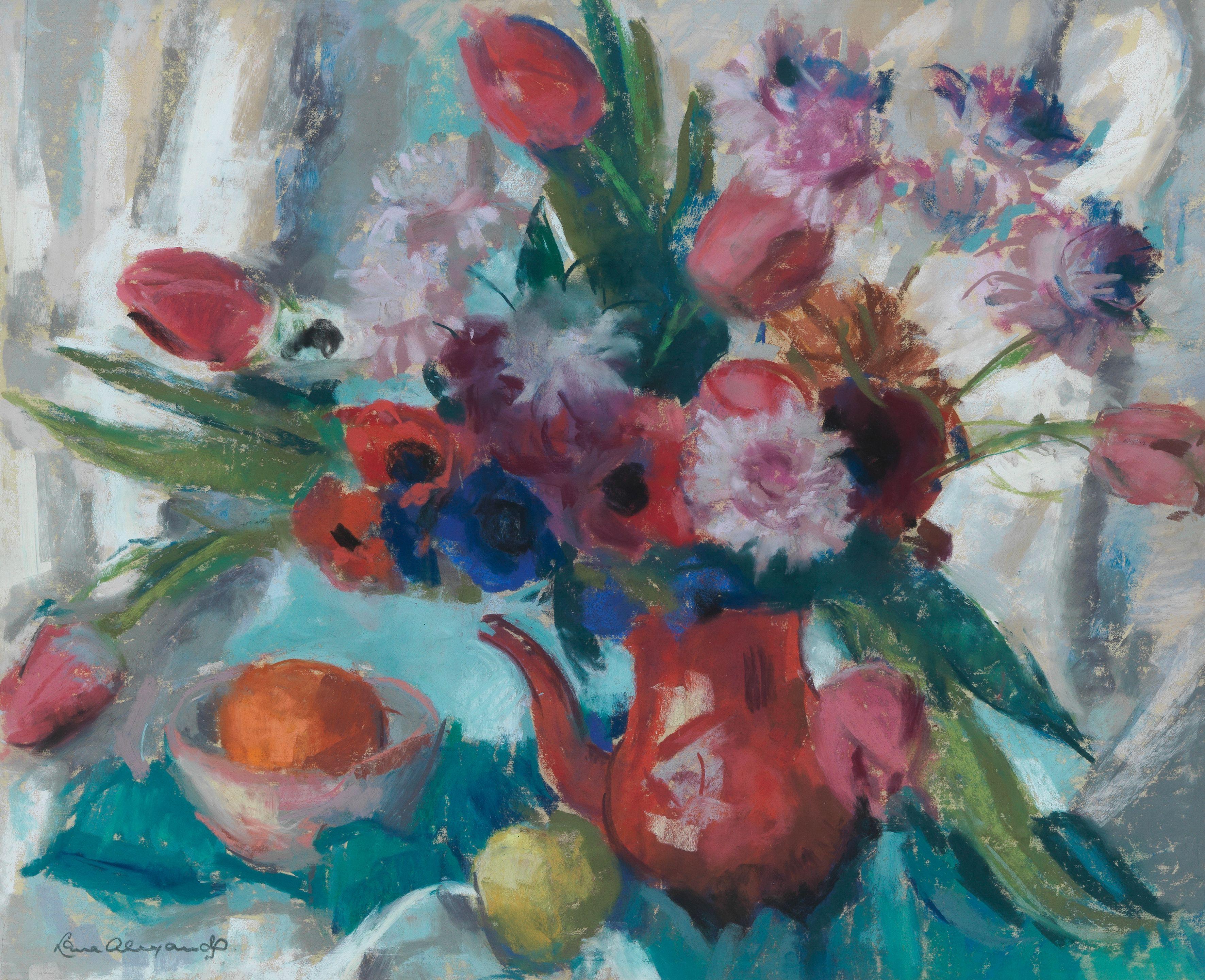 Lena Alexander - \'Red coffee pot with flowers\'