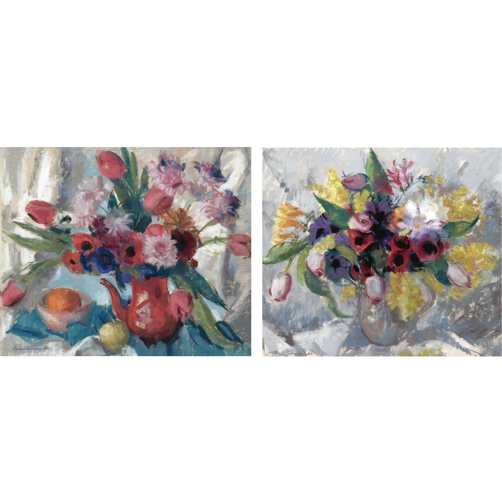 Lena Alexander - Summer Flowers In A White Jug; Red Coffee Pot With Flowers