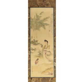 Leng Mei - A Lady and A Child Playing Under Banana tree