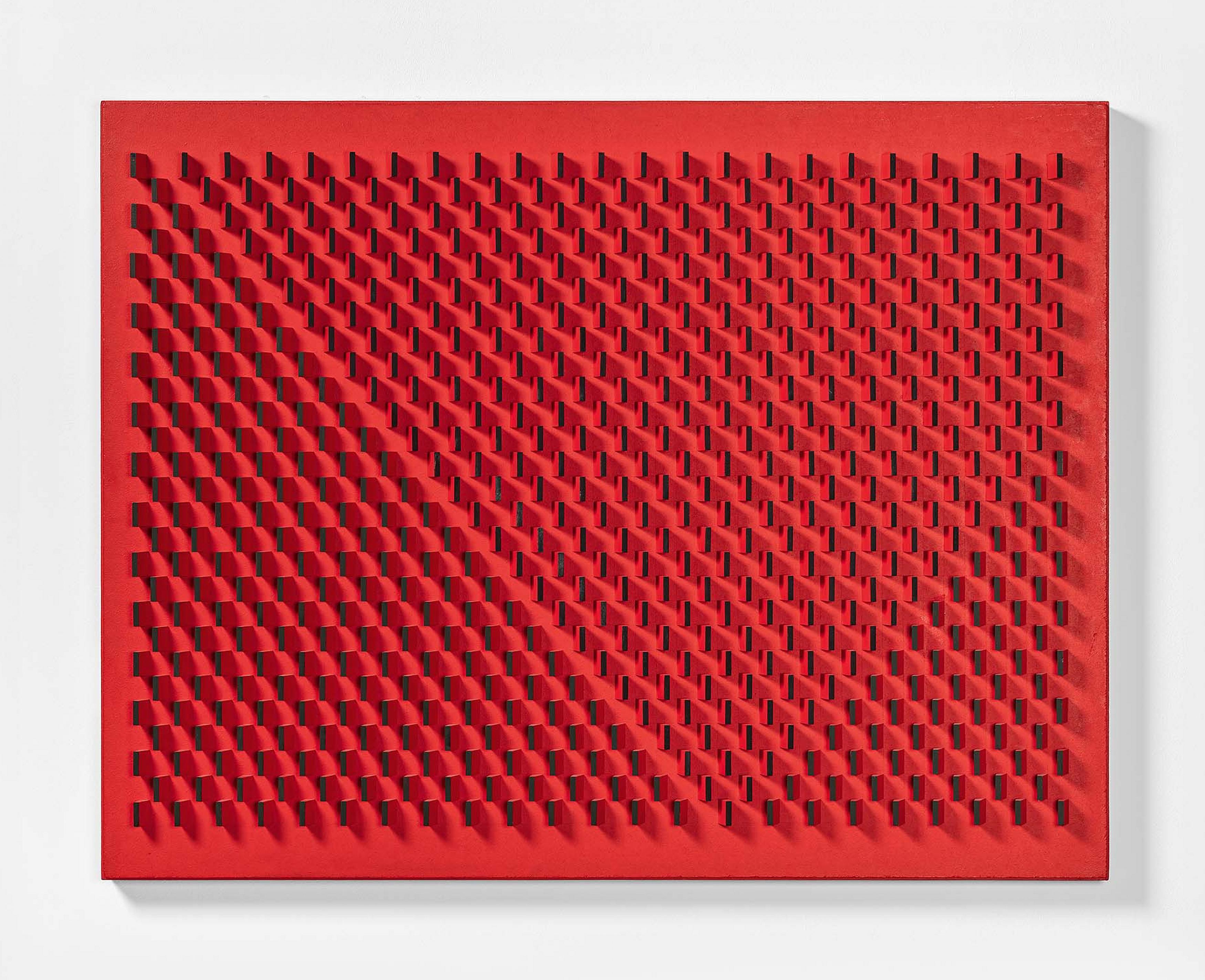 Leo Breuer - Relief cinétique virtuel, vert foncé, vert-olive sur rouge.