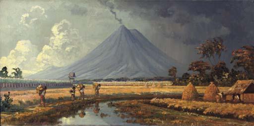 Leo Eland - Landscape with workers by the vulcano