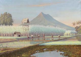 Leo Eland - Landscape with workers on the rice fields