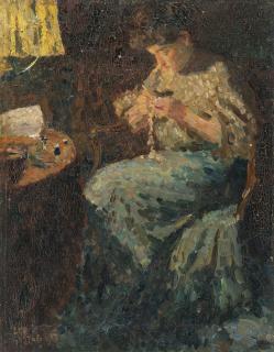 Leo Gestel - Klöppelnde Frau im Lampenschein