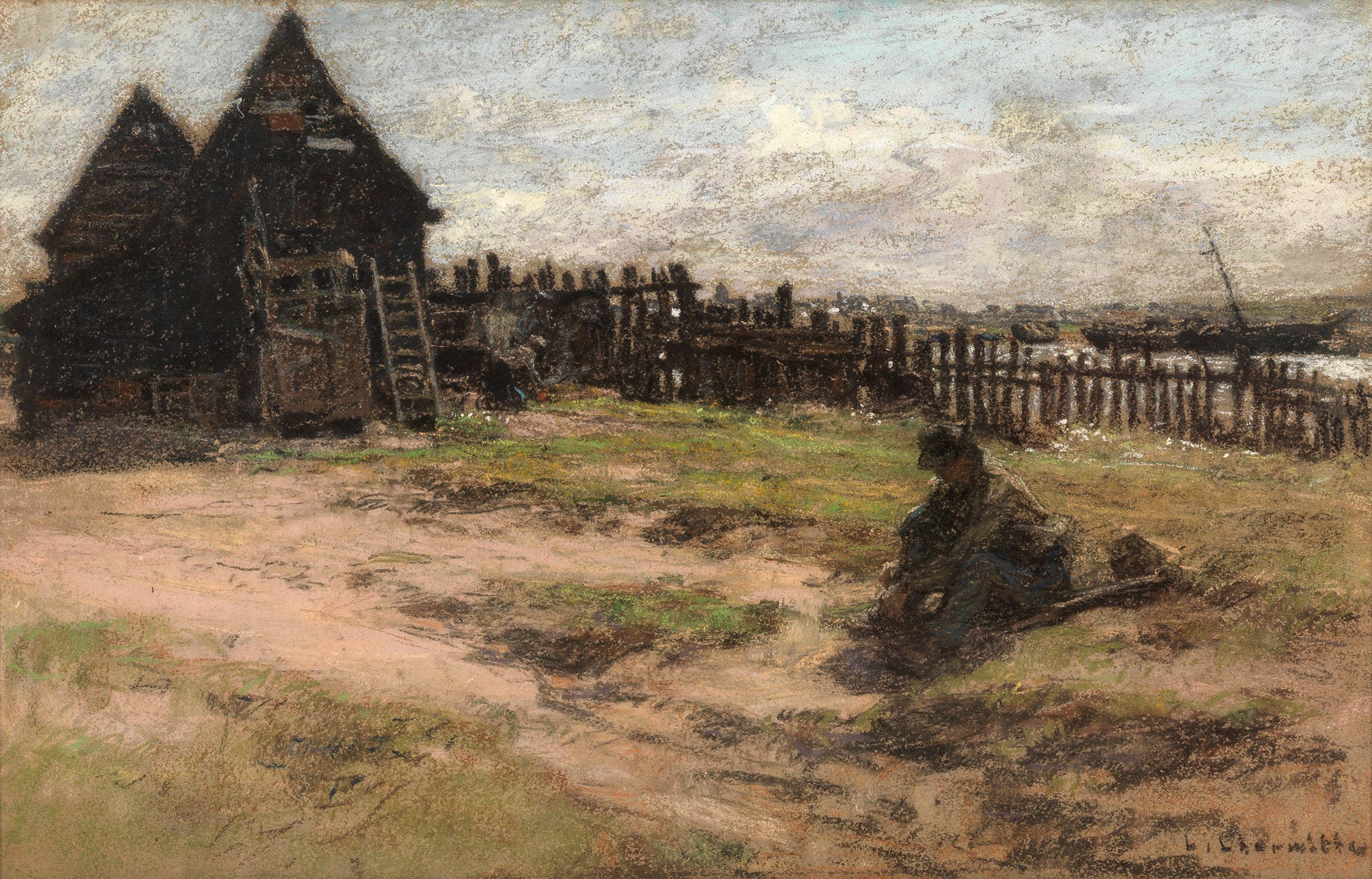 Léon Augustin Lhermitte - Figures seated before out-buildings, Saint-Servan, 1893