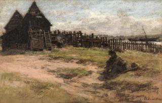 Léon Augustin Lhermitte - Figures seated before out-buildings, Saint-Servan, 1893