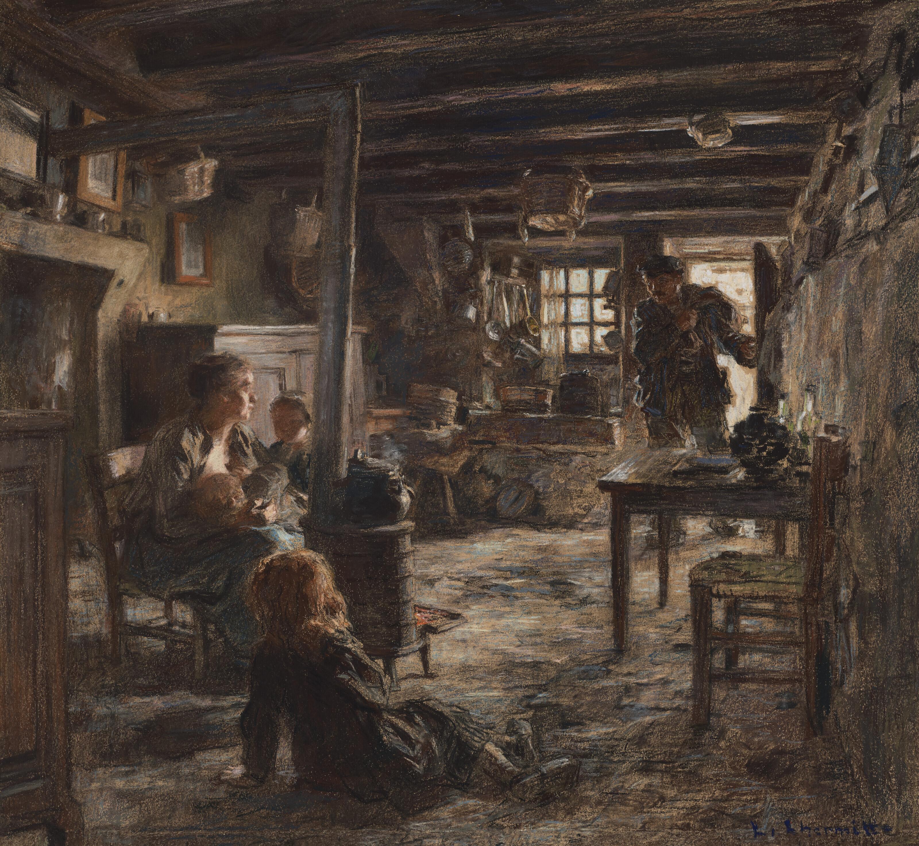 Léon Augustin Lhermitte - Une famille ou intérieur fonte