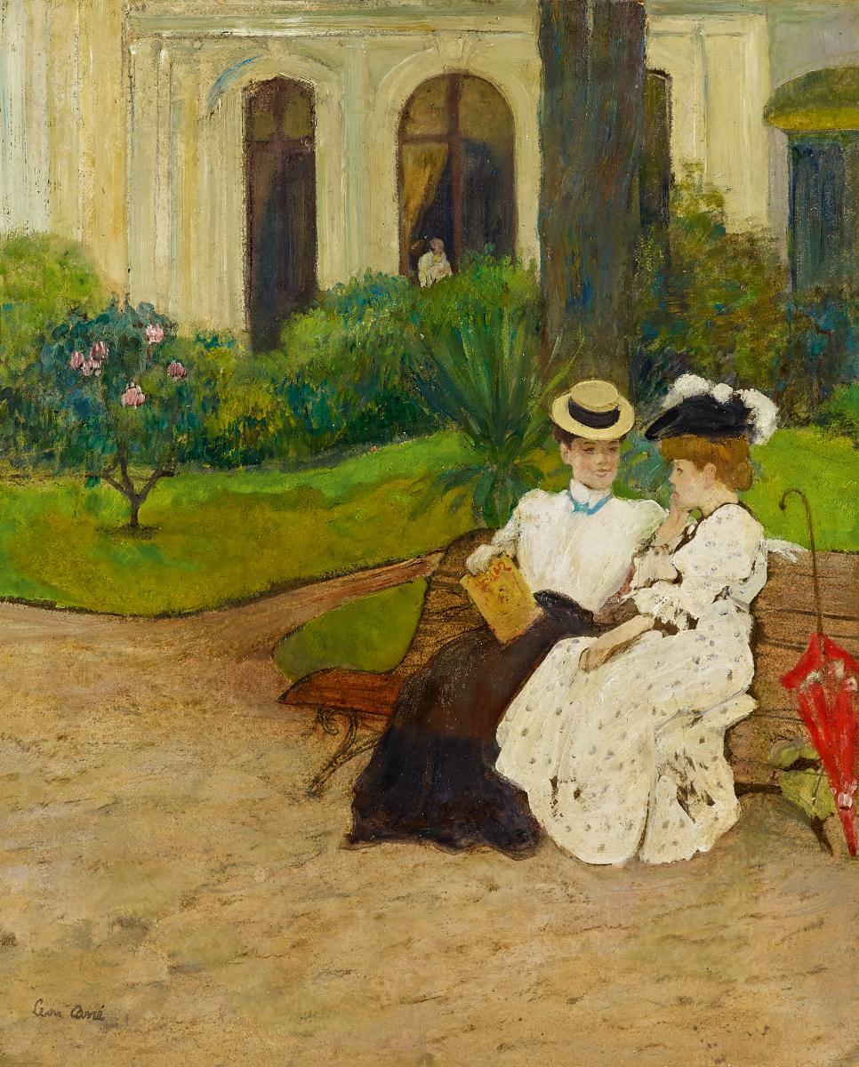 Leon Carré - Zwei Damen im Gespräch auf der Gartenbamk