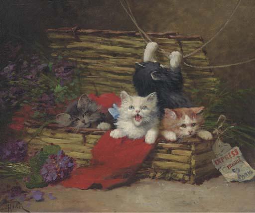 Léon-Charles Huber - Four Kittens in a Basket