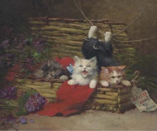 Léon-Charles Huber - Four Kittens in a Basket
