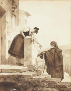 Léon Cogniet - Une femme penchée donnant une pièce à un mendiant sur le perron d\'une maison