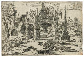 Léon Davent - Landscape with Arched Tomb and an Obelisk