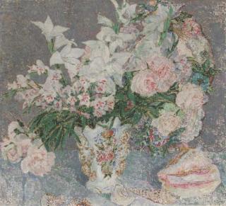 Léon de Smet - Fleurs blanches dans un vase de rocaille et coquillages