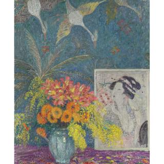 Léon De Smet - Nature Morte, Vase De Fleurs Et Gravure Sur Bois Japonaise