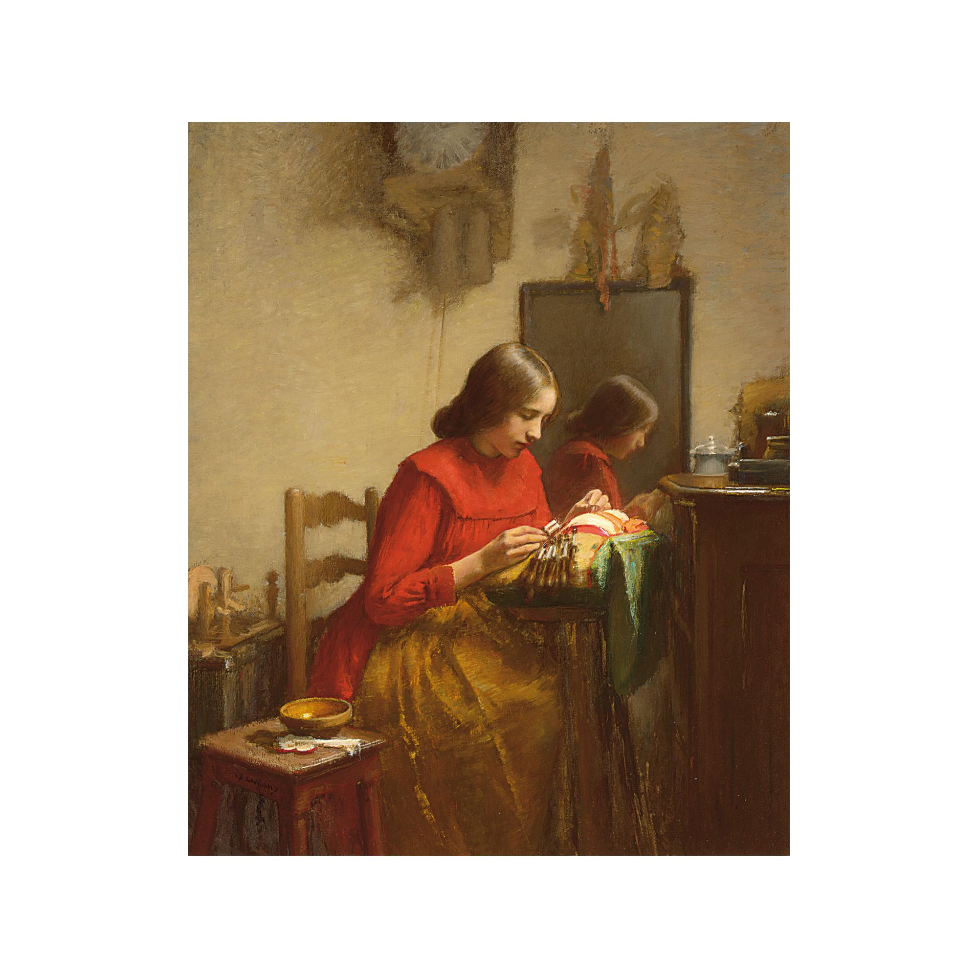 Léon Delachaux - An Interior With A Girl Making Lace