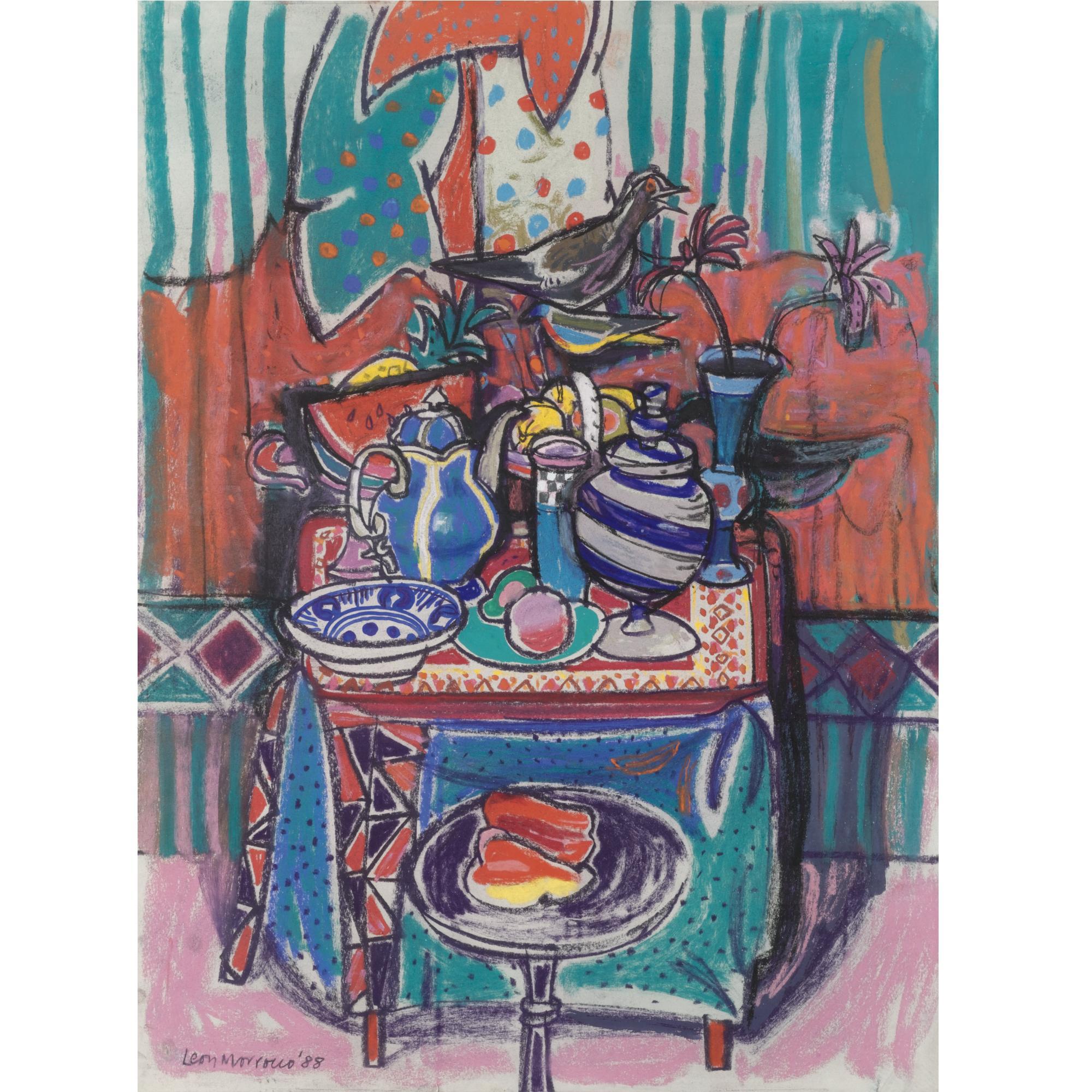 Leon Francesco Morrocco - Still Life With A Blue Coffee Pot; Still Life With Exotic Birds And A Slice Of Watermelon