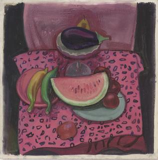 Leon Francesco Morrocco - Watermelon, aubergine, apples, bananas and a pear on a table