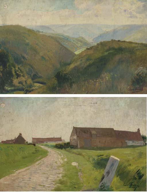 Léon Frederic - Landscape with a roadway and farm buildings; and A mountain landscape