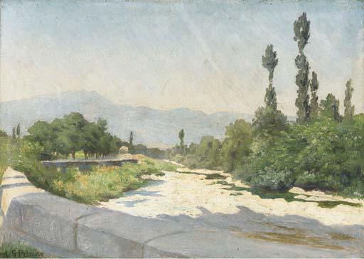 Leon Germain Pelouse - A rocky river bed in a sunlit landscape