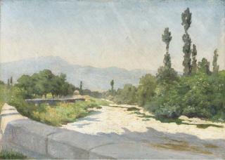 Leon Germain Pelouse - A rocky river bed in a sunlit landscape