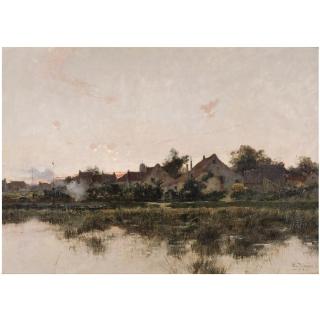 Léon-Germain Pelouse - French Riverside Village At Dusk