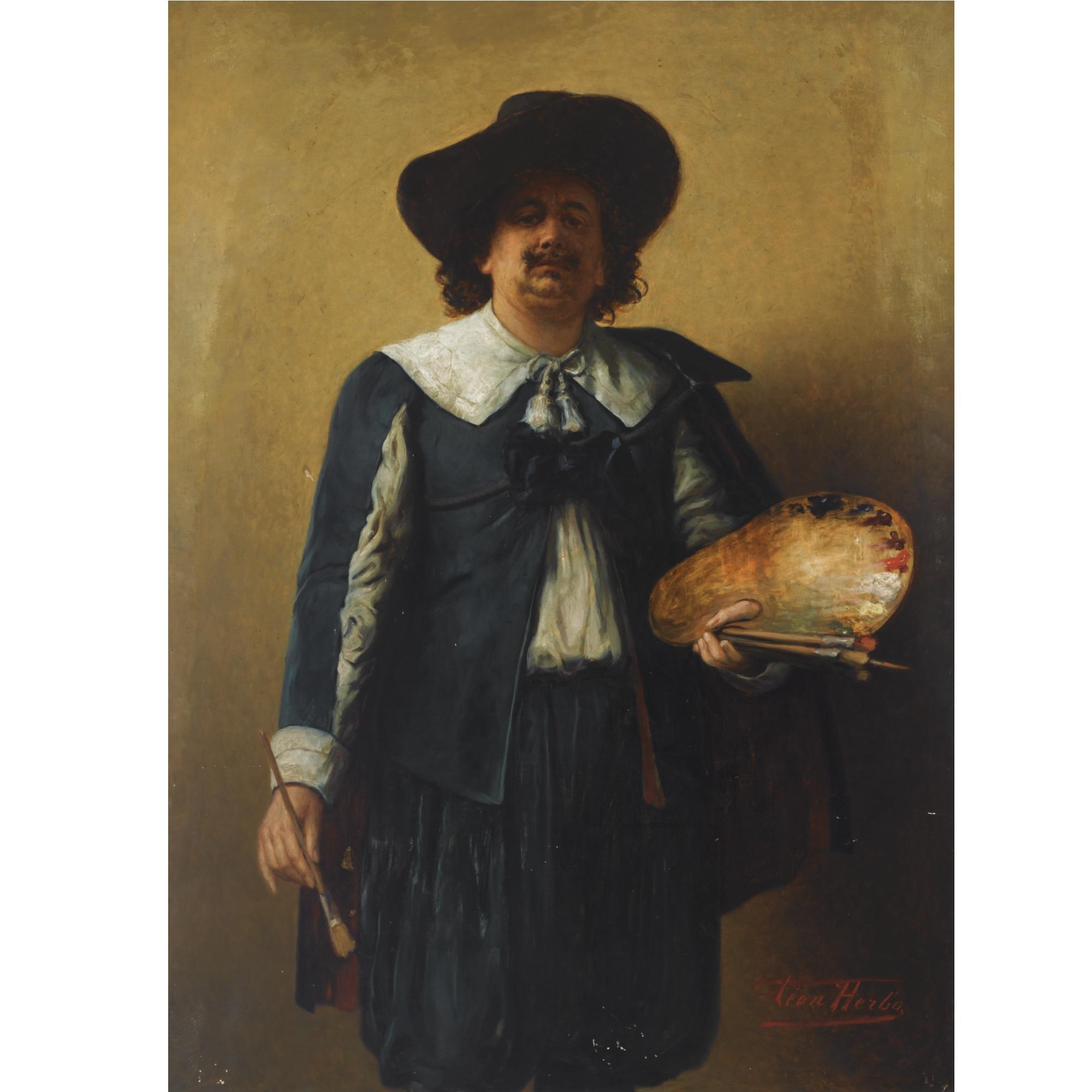 Léon Herbo - A Selfportrait Of The Artist, Standing Three Quarter Length, Wearing A 17Th Century Style Costume