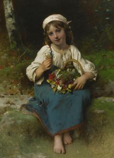 Léon-Jean-Basile Perrault - French young Girl With A Basket Of Flowers