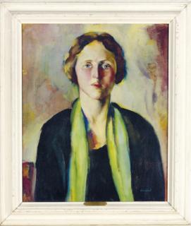 Leon Kroll - Portrait of a lady with a green scarf