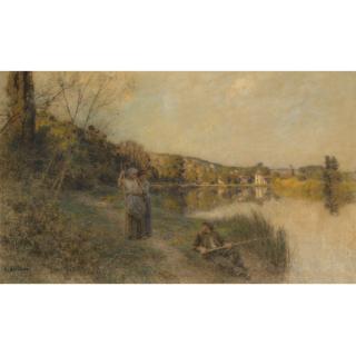 Léon Lhermitte - French Fin De Belle Journee, Soleil Couchant, Pecheur