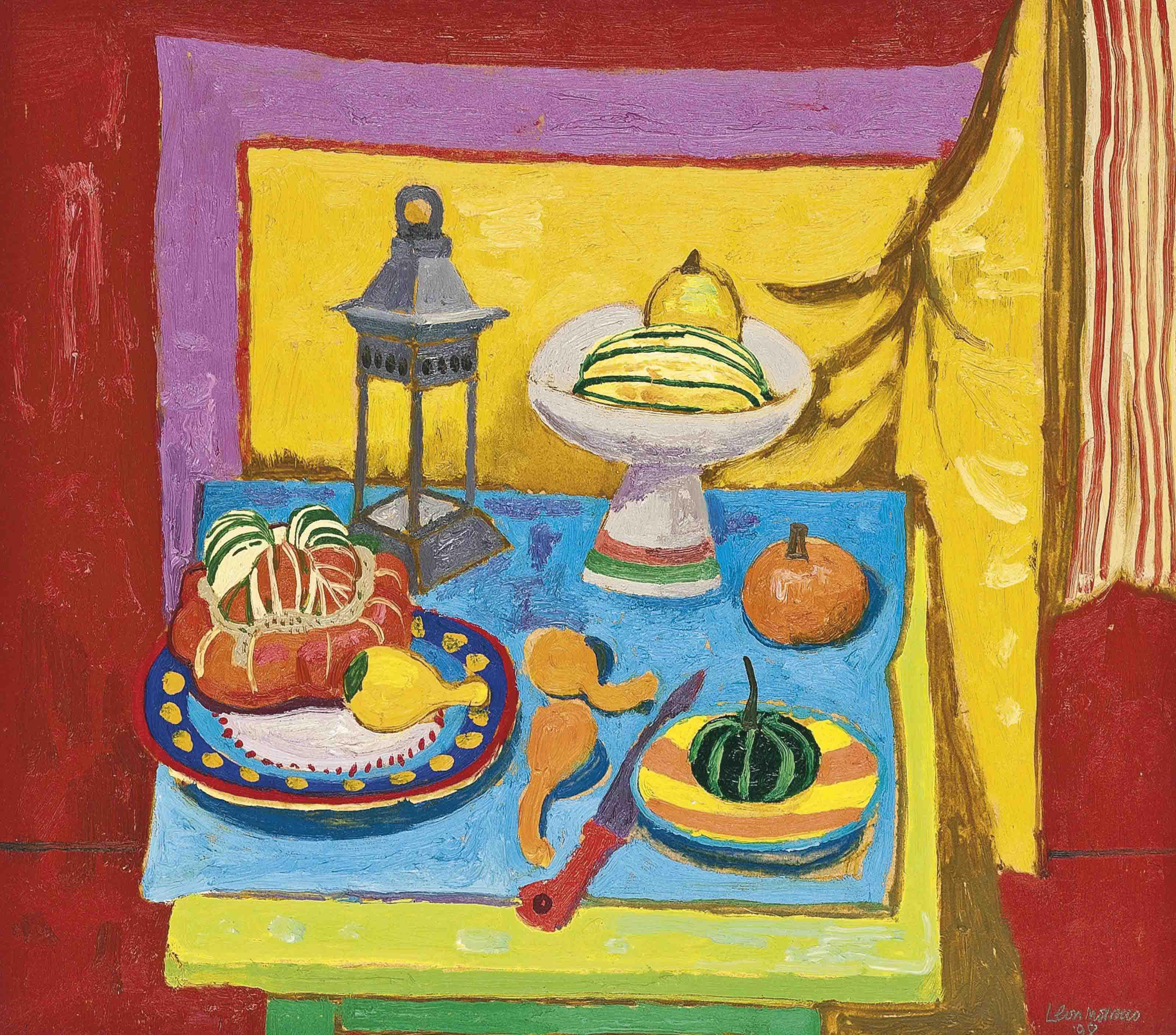 Leon Morrocco, R.S.A. - Still Life with Lantern and Yellow Curtain